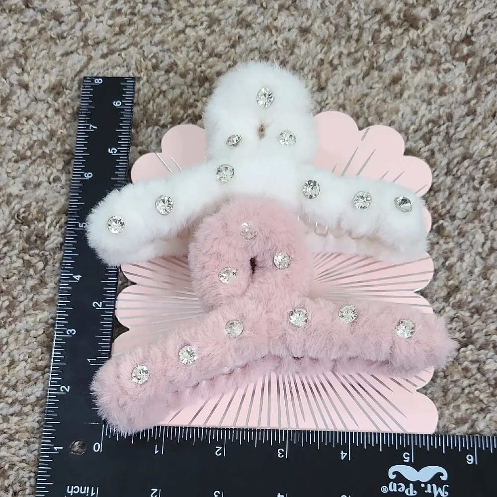 Enchante Faux Fur Hair Clips with Rhinestones